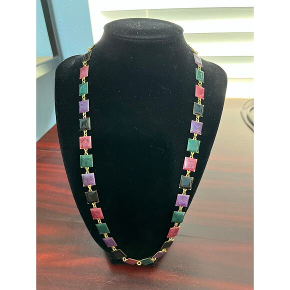 VTG Gold Tone Geometric Enamel Necklace 80s - Picture 1 of 6